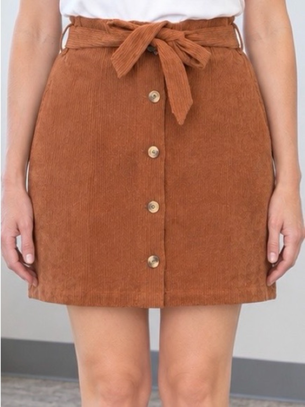 Rust Orange Brown Corduroy Button Front Paperbag Mini Skirt Belt Pockets XL EUC
